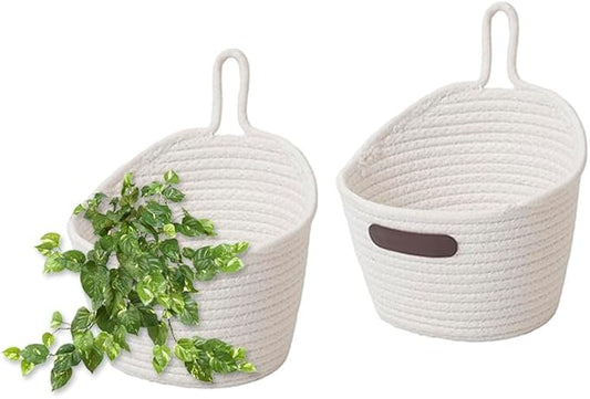 2pack Hanging Baskets Small Wall Hanging Storage Basket Round Woven Rope Wall Oganzier Decor for Flower Plants, Key Storage White 7.8 x 7 inches