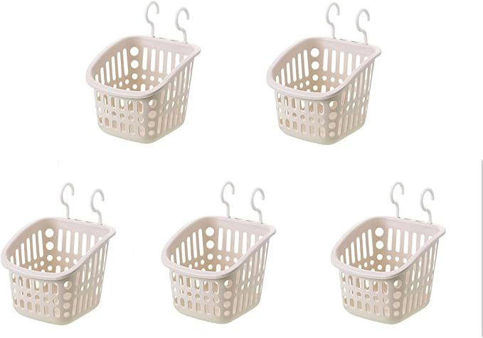 5PCS Plastic Hanging Baskets for Shower, Hanging Basket Organizer with Hooks, Square 6.3Inches Small Hanging Storage Basket (Beige)