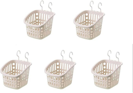 5PCS Plastic Hanging Baskets for Shower, Hanging Basket Organizer with Hooks, Square 6.3Inches Small Hanging Storage Basket (Beige)