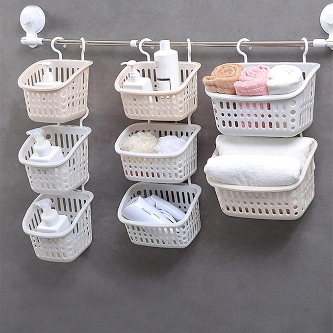 5PCS Plastic Hanging Baskets for Shower, Hanging Basket Organizer with Hooks, Square 6.3Inches Small Hanging Storage Basket (Beige)