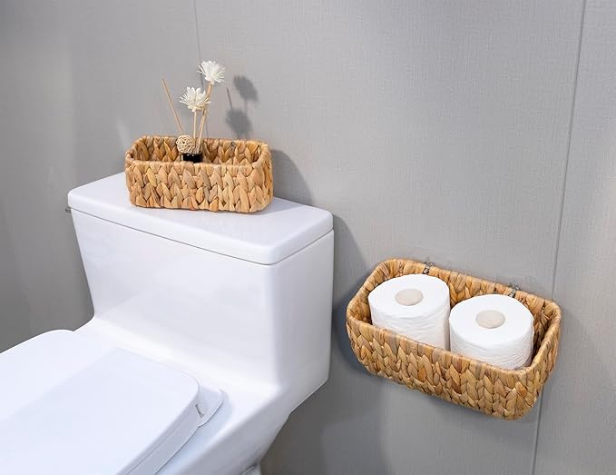 Woven Hanging Wall Baskets for Storage, Water Hyacinth Bathroom Wall Mount Organizer, Wicker Wall Baskets Decor for Letters and Mail, Food Storage Basket, Toilet Tank Basket, Set of 2