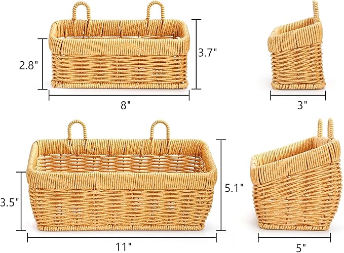 Set of 2 Wall Hanging Basket, Small Hand-Woven Hanging Organizer Basket for Onion Garlic, Boho Plastic Fruit Storage Baskets with Hanger for Kitchen Bathroom Laundry Living Room Home Decor