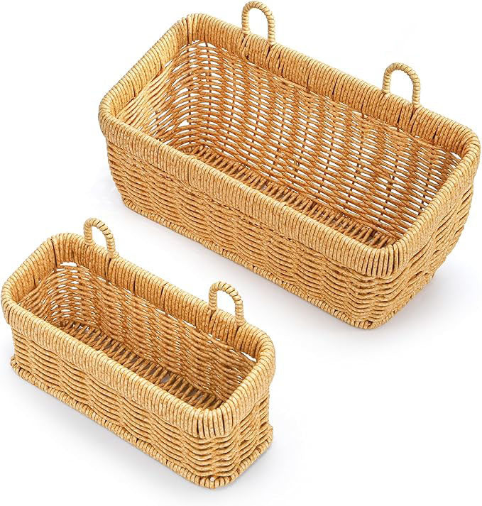 Set of 2 Wall Hanging Basket, Small Hand-Woven Hanging Organizer Basket for Onion Garlic, Boho Plastic Fruit Storage Baskets with Hanger for Kitchen Bathroom Laundry Living Room Home Decor